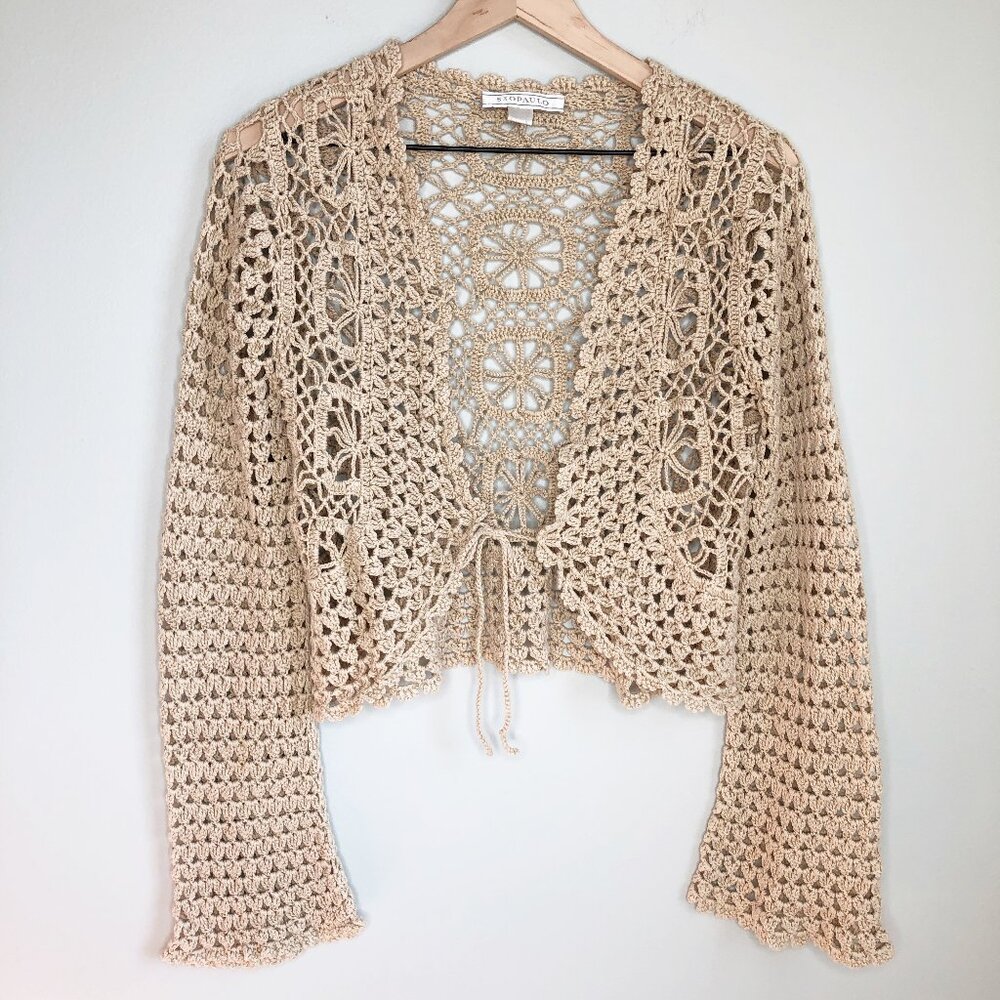Vintage Crochet Flare Bell Sleeve Granny Square Tie Hand Knit Cardigan Shawl Top - Picture 1 of 5